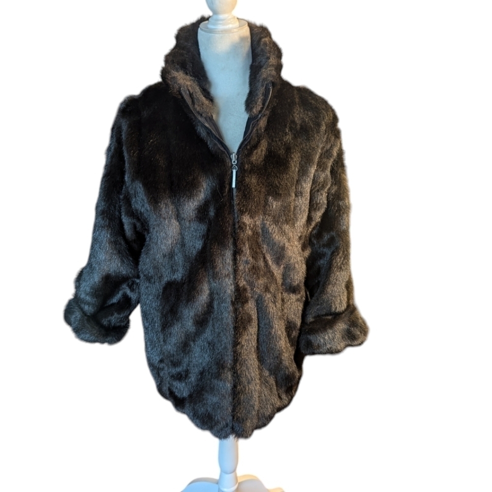 Vtg Faux Mink Fur Jacket Atelier reversible plush black Old Money warm zip  sz S - Picture 8 of 11